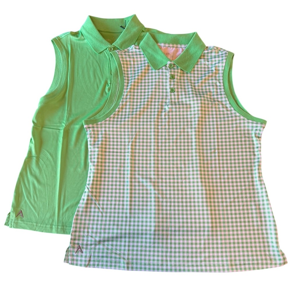 NWOT Antigua Womens Sleeveless Golf Polo Shirt Bundle Lime Green Gingham Sz M